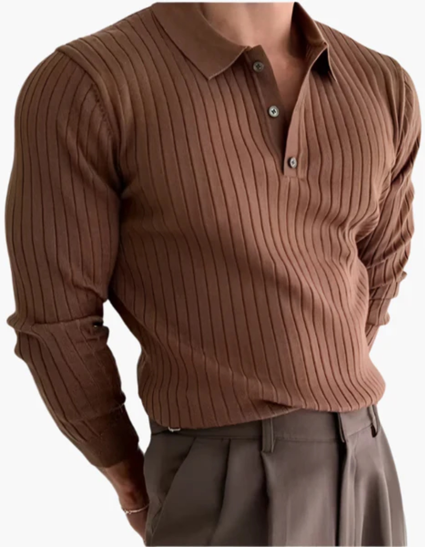 Bravento – Refined rib texture – Long sleeve polo shirt-10174555685207-Cedar Noire