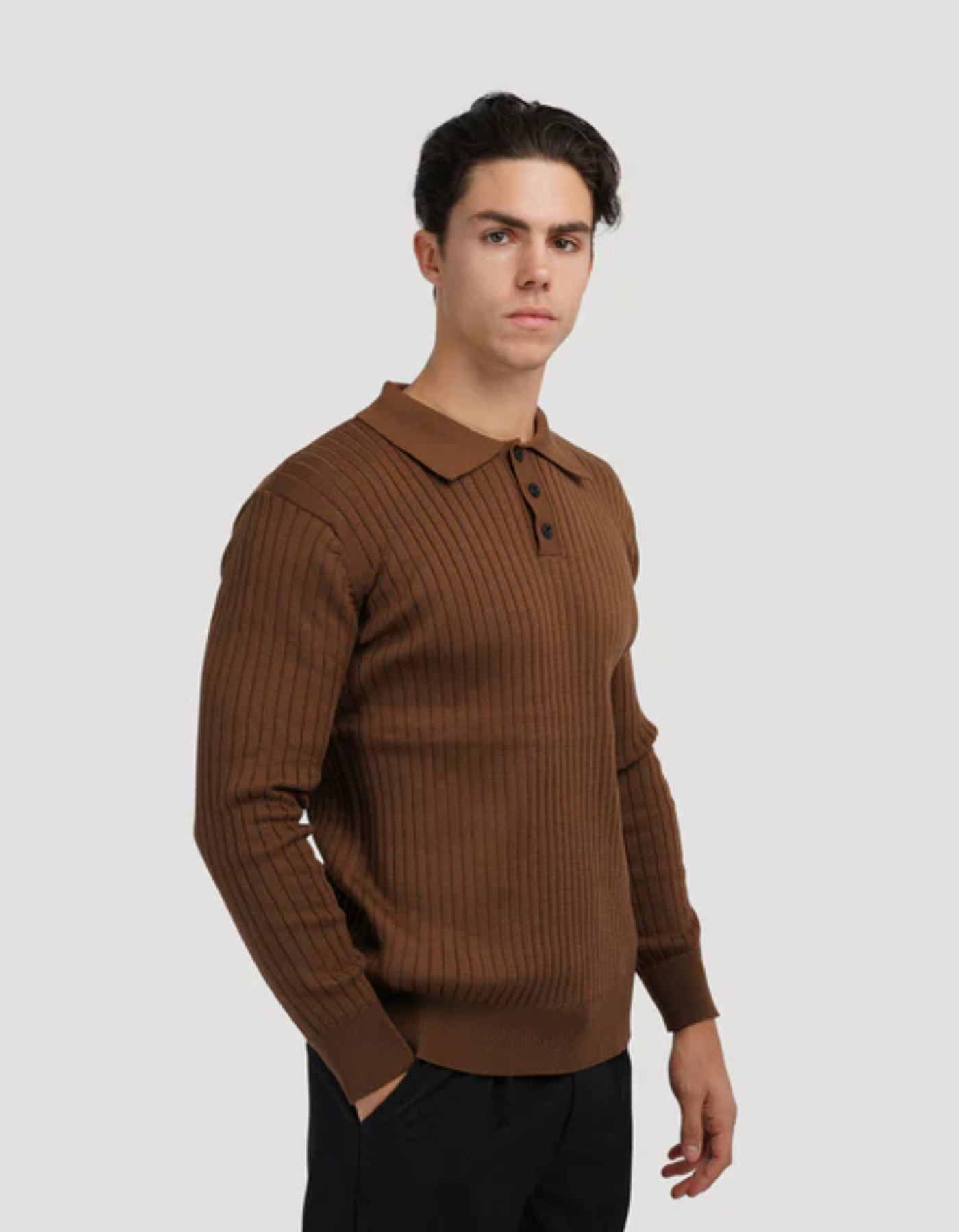 Bravento – Refined rib texture – Long sleeve polo shirt-10174555685207-Cedar Noire