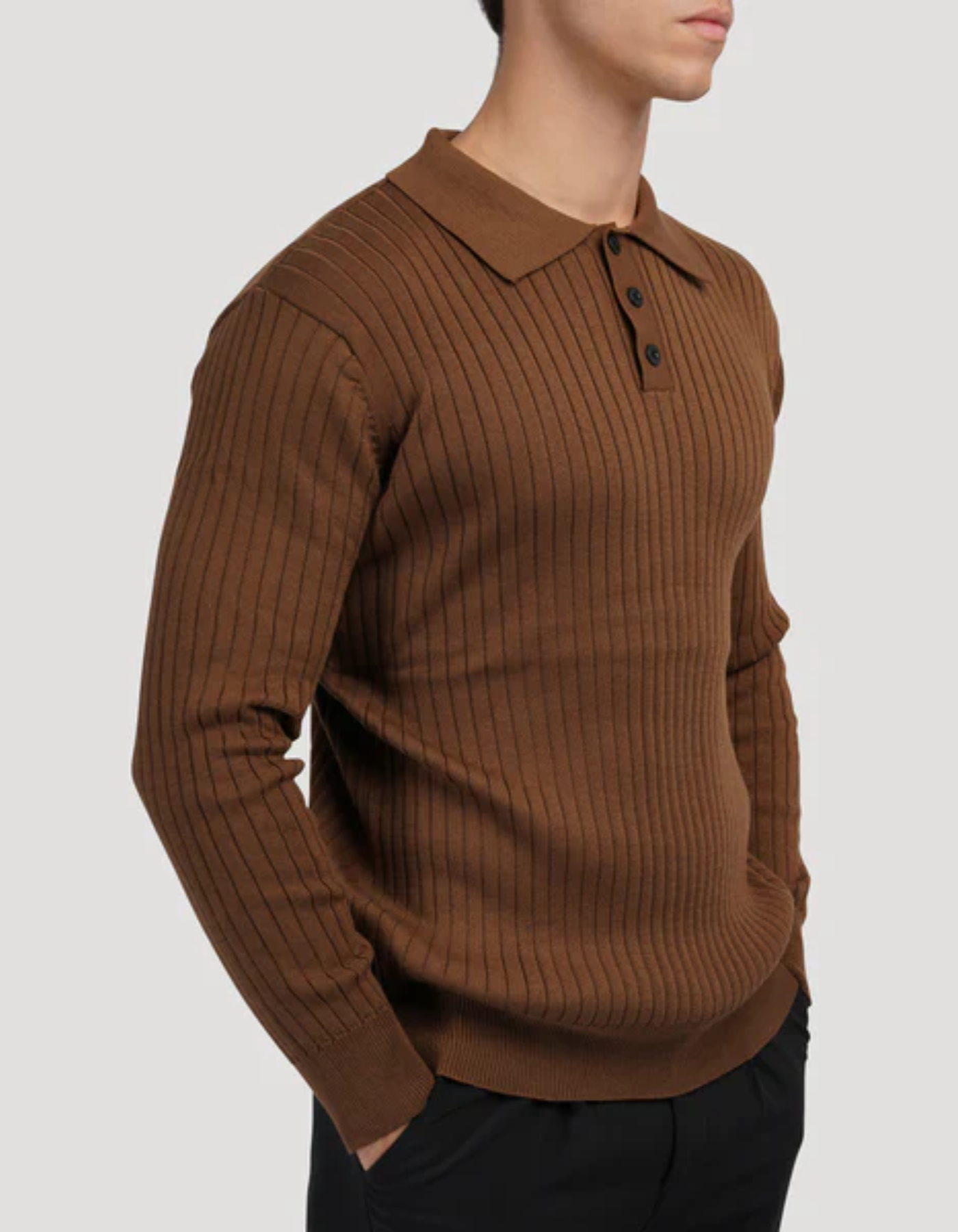 Bravento – Refined rib texture – Long sleeve polo shirt-10174555685207-Cedar Noire