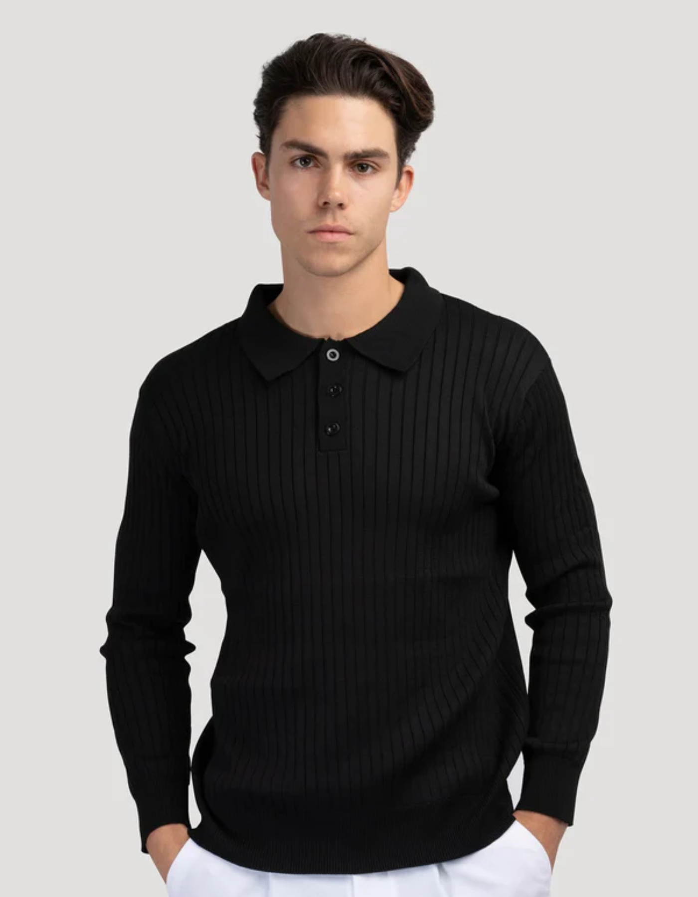 Bravento – Refined rib texture – Long sleeve polo shirt-10174555685207-Cedar Noire
