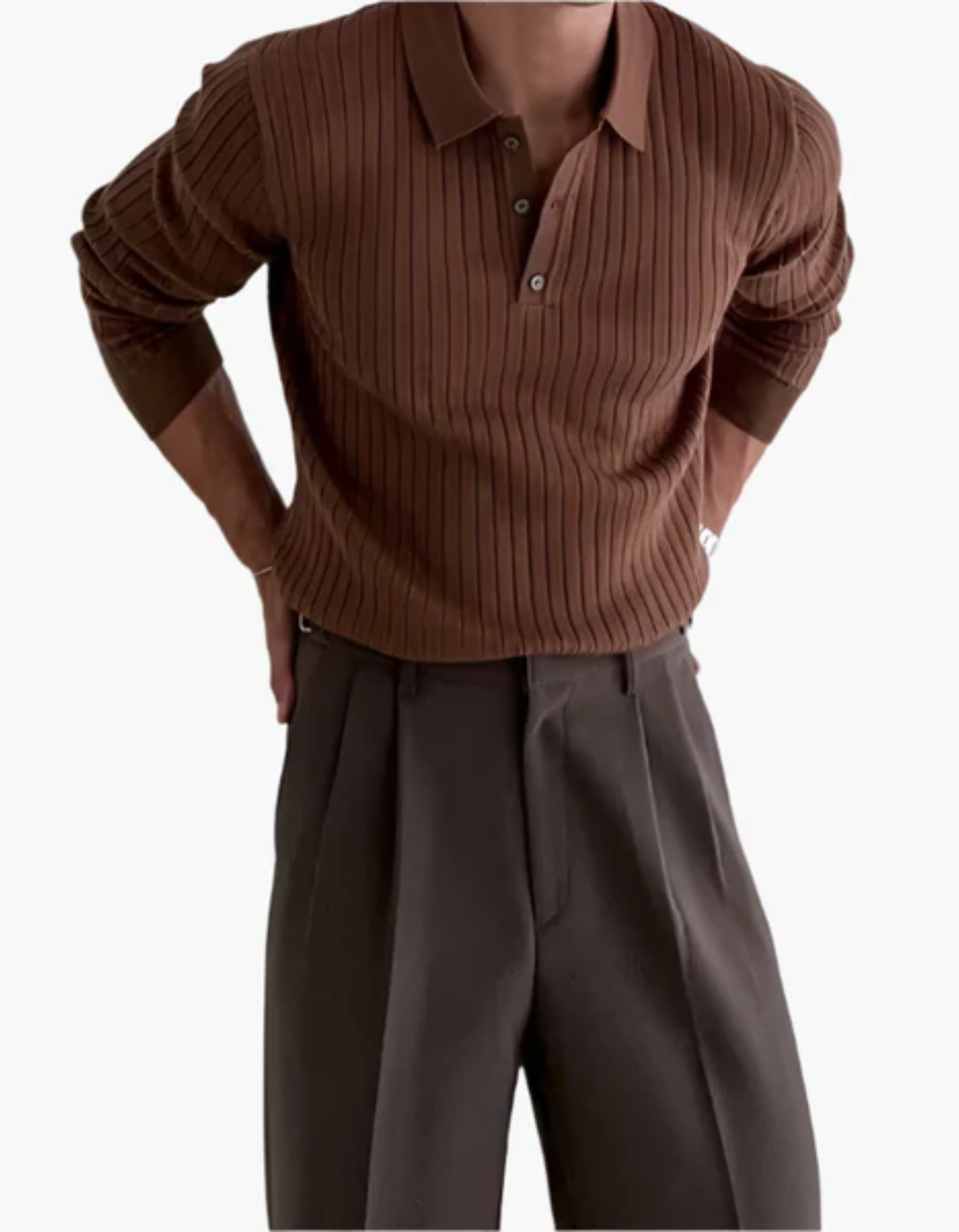 Bravento – Refined rib texture – Long sleeve polo shirt-10174555685207-Cedar Noire
