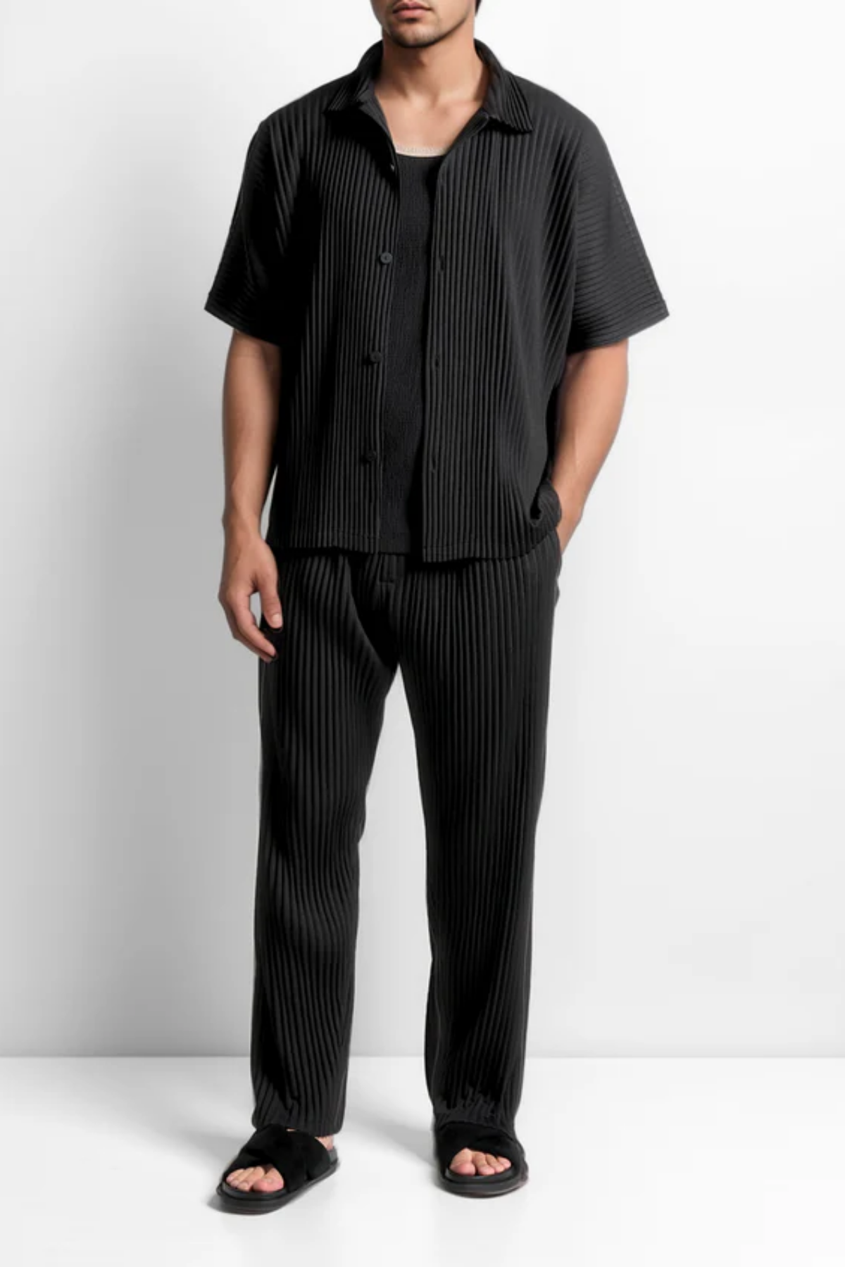 Enzo – Pleated Relaxation – Shirt and Trouser Set-10171633041751-Cedar Noire