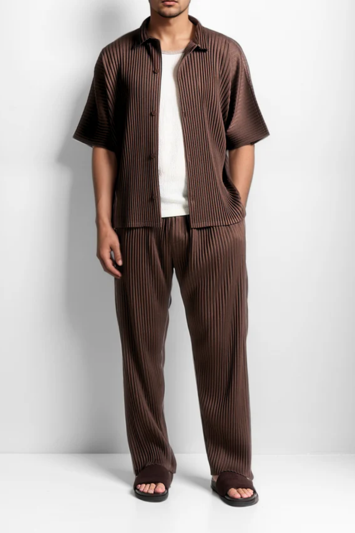 Enzo – Pleated Relaxation – Shirt and Trouser Set-10171633041751-Cedar Noire