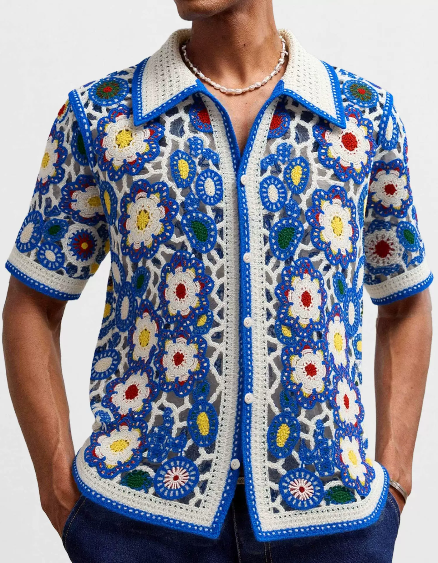 Fiorello – Vibrant crochet floral – Button-up shirt-10174963155287-Cedar Noire