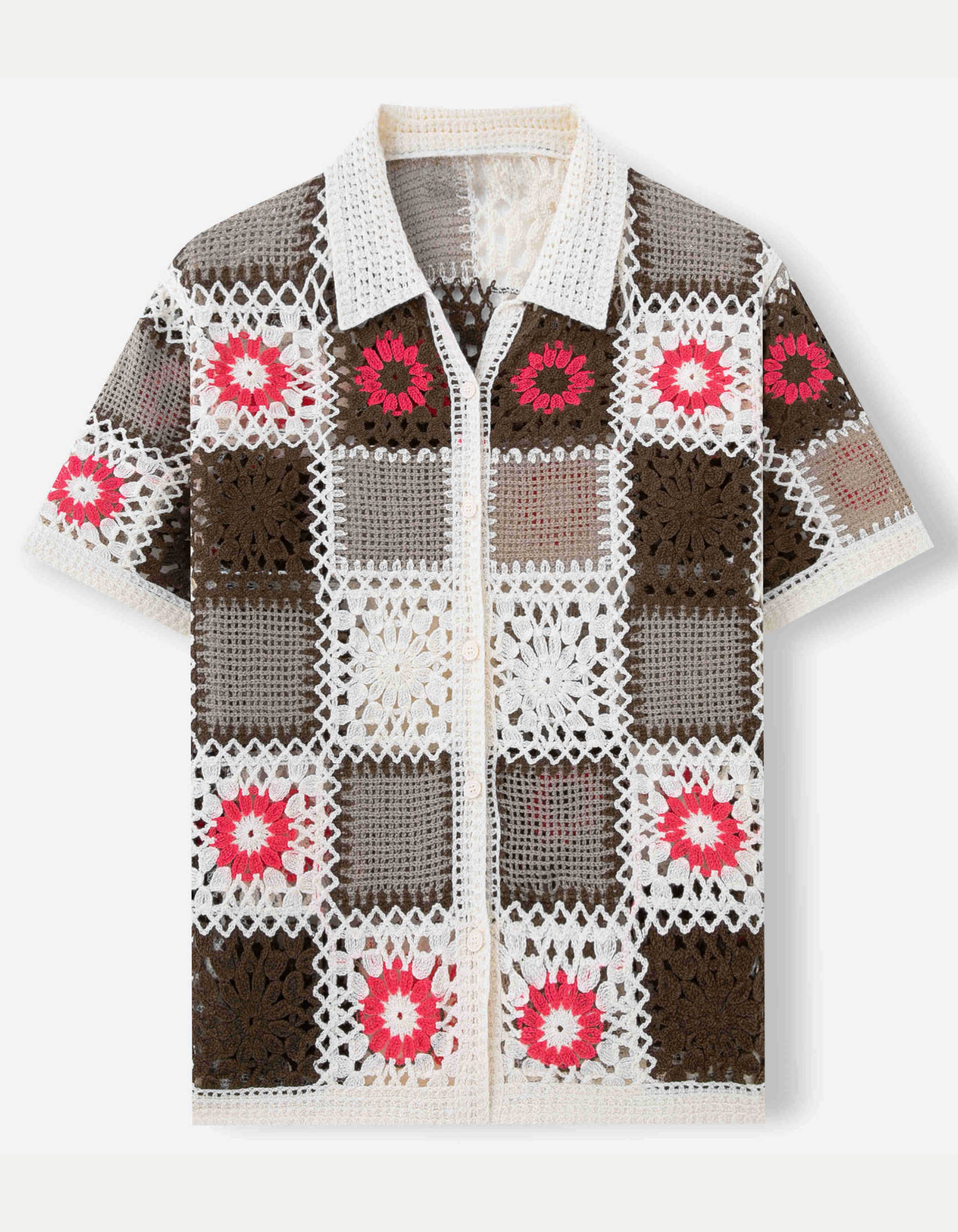Floriano – Retro crochet patchwork – Button-up shirt-10174969938263-Cedar Noire