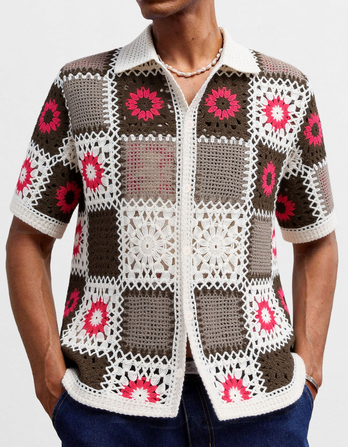 Floriano – Retro crochet patchwork – Button-up shirt-10174969938263-Cedar Noire