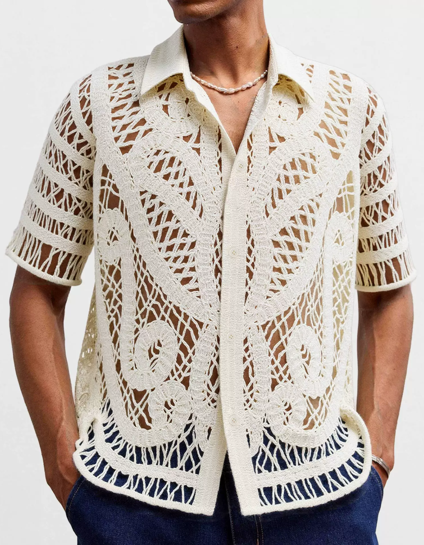 Giovanne – Intricate crochet design – Button-up shirt-10175020073303-Cedar Noire