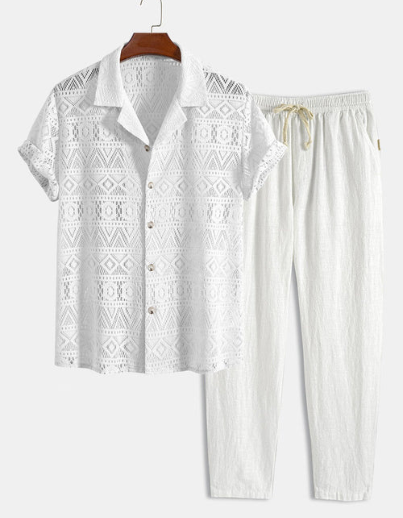 John – Textured Cuban Shirt Set – Shirt & Trousers Set-10133596143959-Cedar Noire