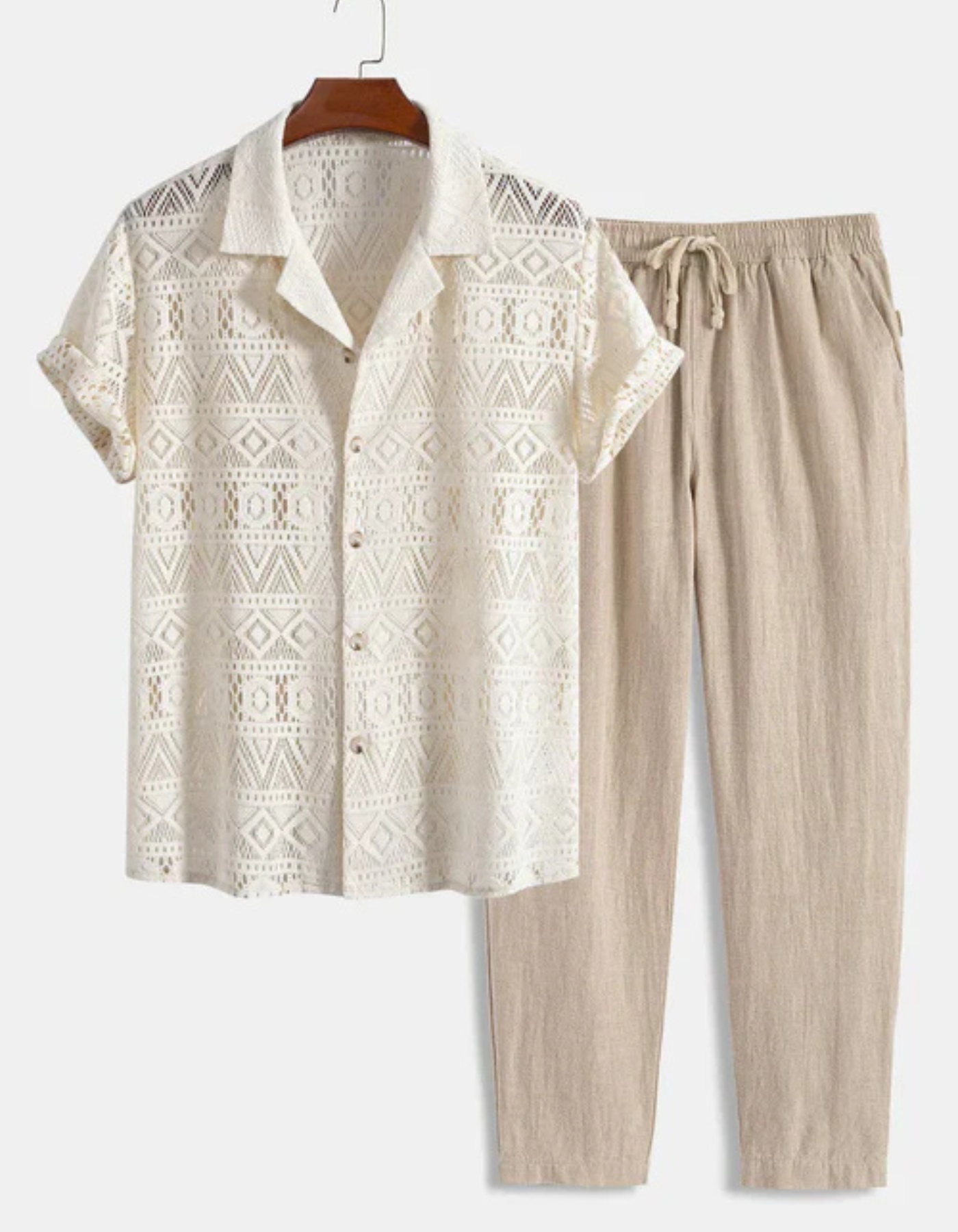 John – Textured Cuban Shirt Set – Shirt & Trousers Set-10133596143959-Cedar Noire
