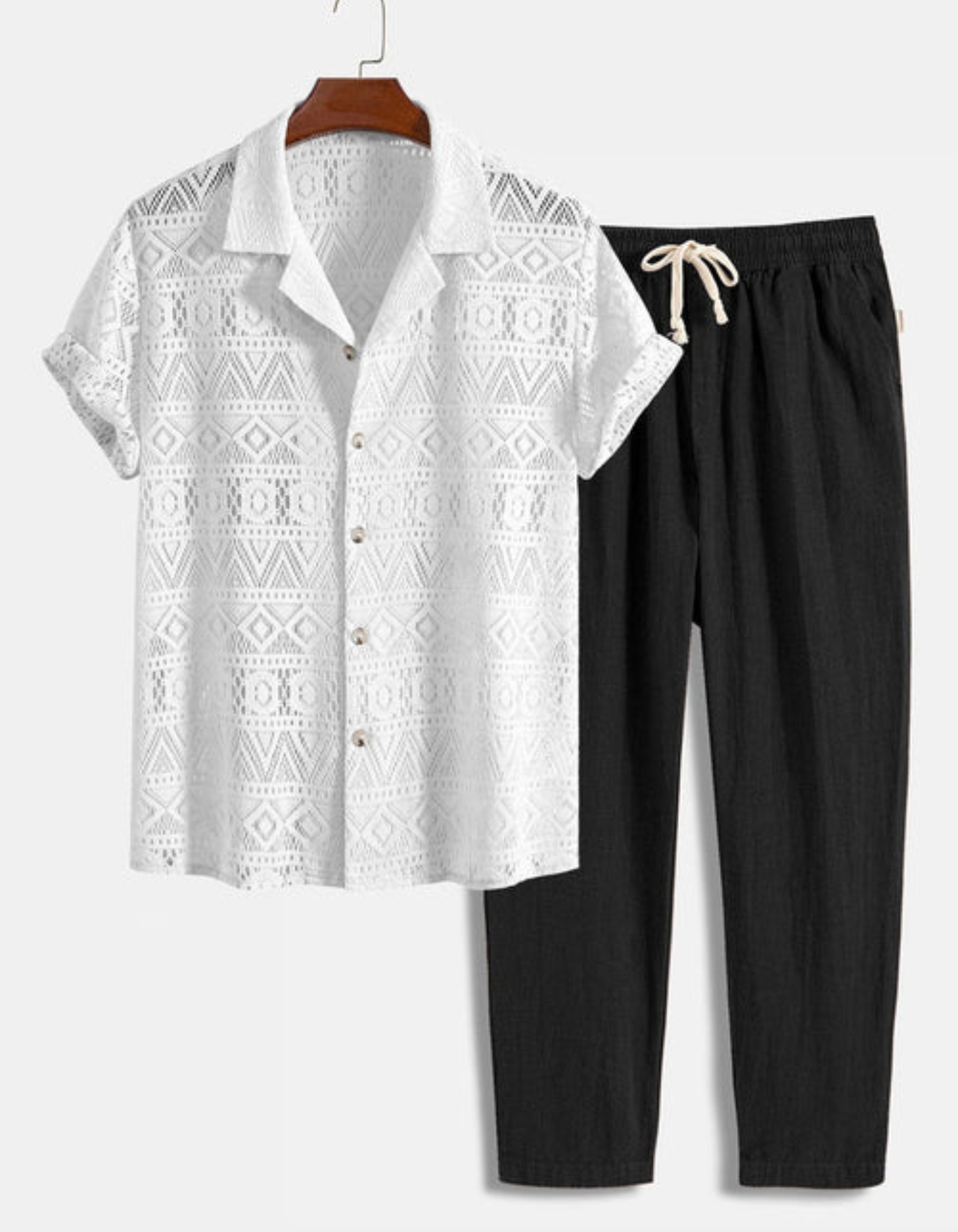 John – Textured Cuban Shirt Set – Shirt & Trousers Set-10133596143959-Cedar Noire