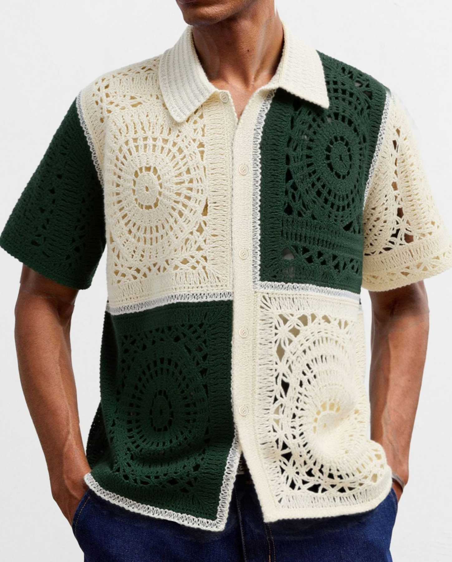 Marrone – Crochet patchwork – Short-sleeve shirt-10174950998359-Cedar Noire