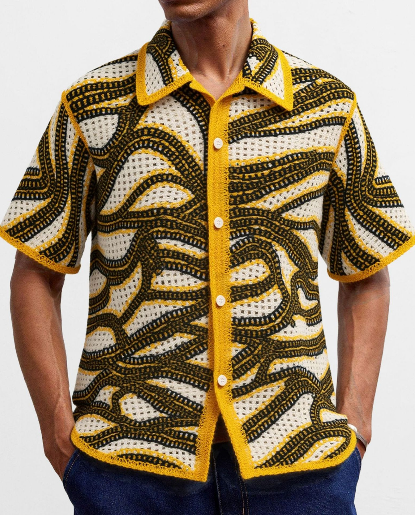 Mattias – Bold geometric crochet design – Button-up shirt-10175029182807-Cedar Noire